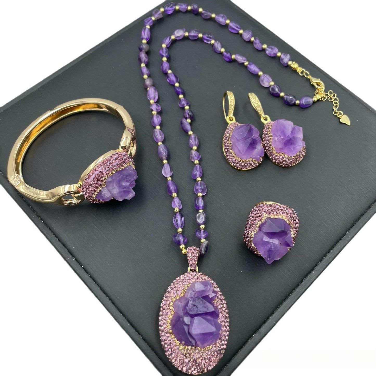 Natural raw amethyst four-piece jewelry set, energy raw stone accessories, including necklaces, earrings, rings, bracelets, personalized raw mineral jewelry, sweater chain high-end handmade set