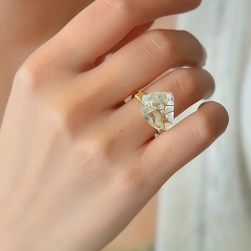 Natural stone movable ring irregular raw stone crystal ring, amethyst white crystal hand-wound wire adjustable ring