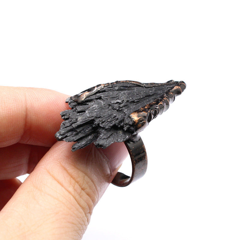 Distressed crystal ring, natural black tourmaline ring, irregular creative jewelry
