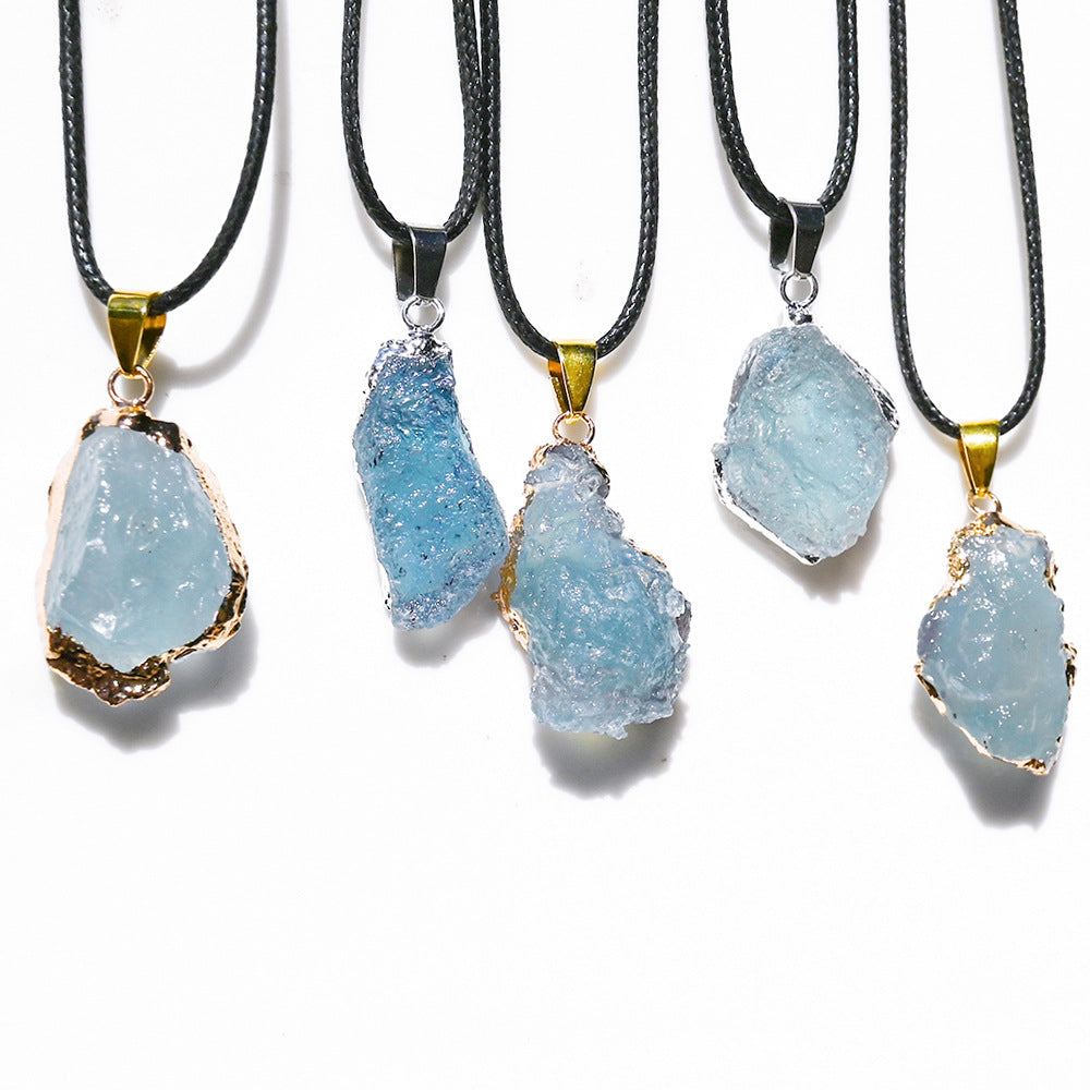 Natural Brazilian ice aquamarine crystal pendant, aquamarine crystal gilt/silver edge pendant necklace