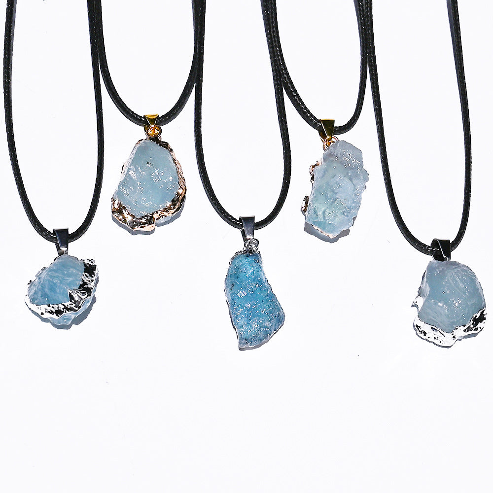 Natural Brazilian ice aquamarine crystal pendant, aquamarine crystal gilt/silver edge pendant necklace
