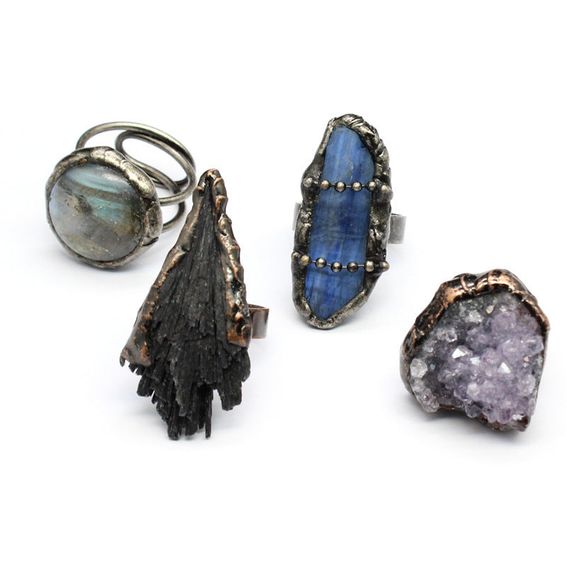Distressed crystal ring, natural black tourmaline ring, irregular creative jewelry