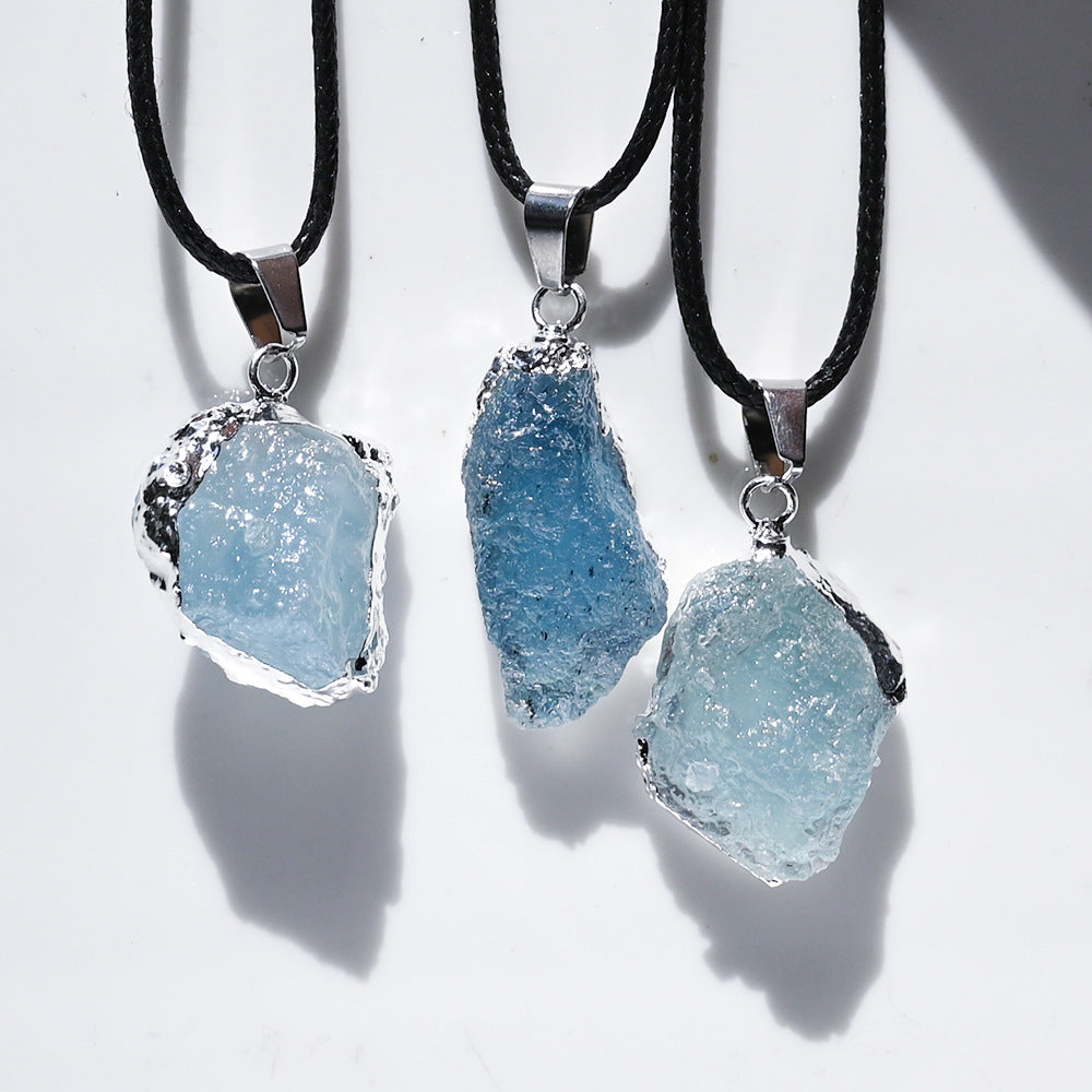 Natural Brazilian ice aquamarine crystal pendant, aquamarine crystal gilt/silver edge pendant necklace