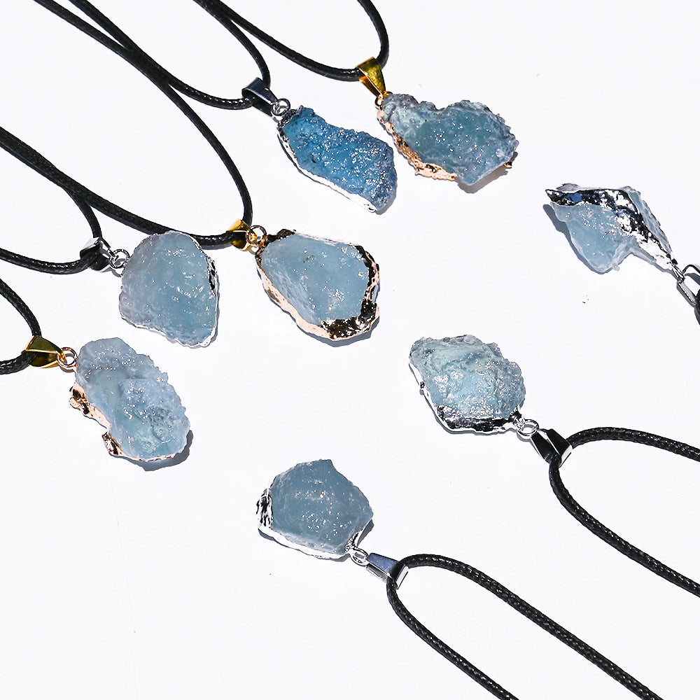 Natural Brazilian ice aquamarine crystal pendant, aquamarine crystal gilt/silver edge pendant necklace