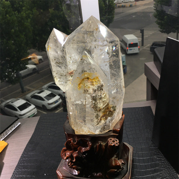 Natural green ghost crystal, colored ghost, hexagonal raw stone column, dark green multi-headed raw stone ore mark, home feng shui ornaments