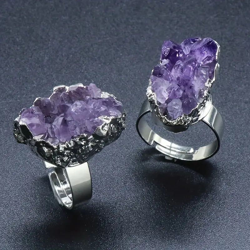Natural amethyst cluster ring, Galaxy agate crystal cluster mineral, irregular gilt edge, adjustable ring jewelry