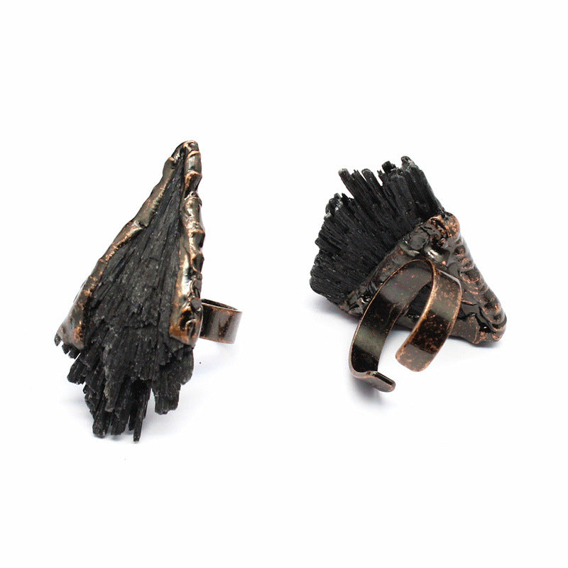 Distressed crystal ring, natural black tourmaline ring, irregular creative jewelry