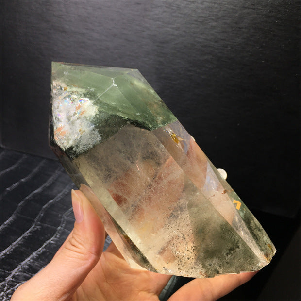 Natural green ghost crystal, colored ghost, hexagonal raw stone column, dark green multi-headed raw stone ore mark, home feng shui ornaments