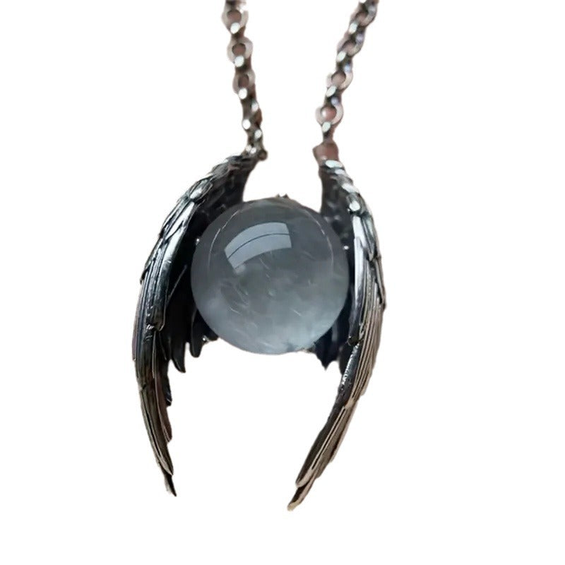 Ghost crystal pendant necklace, retro gothic style personality, angel wings crystal pendant