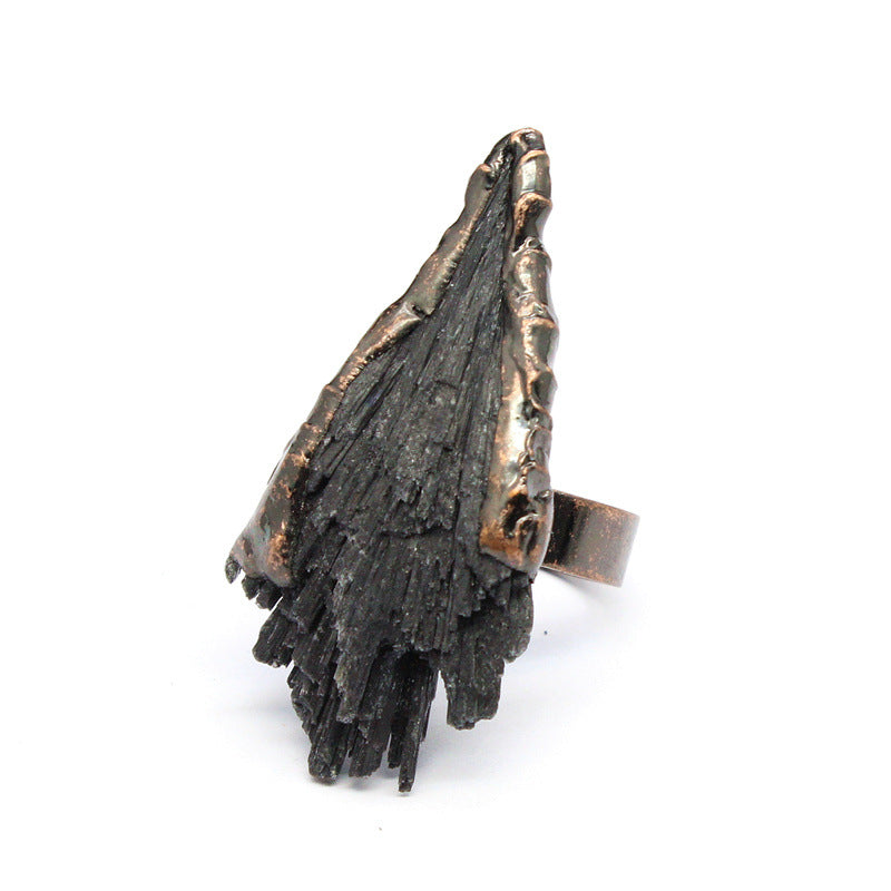 Distressed crystal ring, natural black tourmaline ring, irregular creative jewelry