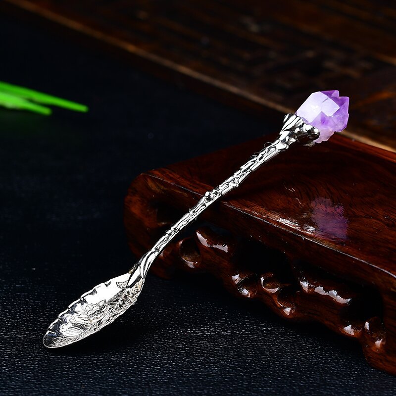 Uruguayan natural amethyst tooth flower spoon, creative carved long handle spoon