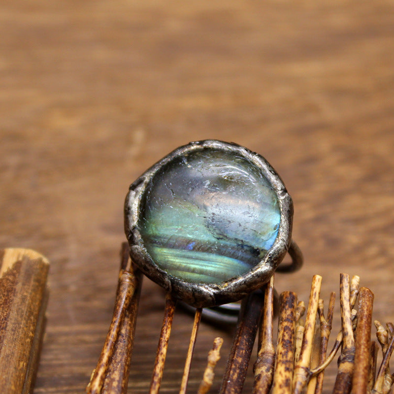 Distressed crystal ring, natural black tourmaline ring, irregular creative jewelry