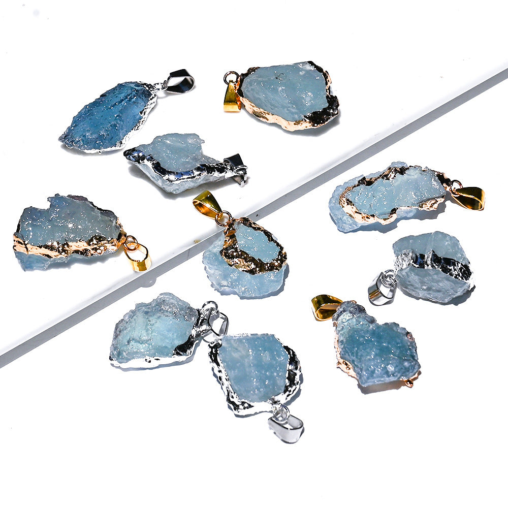 Natural Brazilian ice aquamarine crystal pendant, aquamarine crystal gilt/silver edge pendant necklace