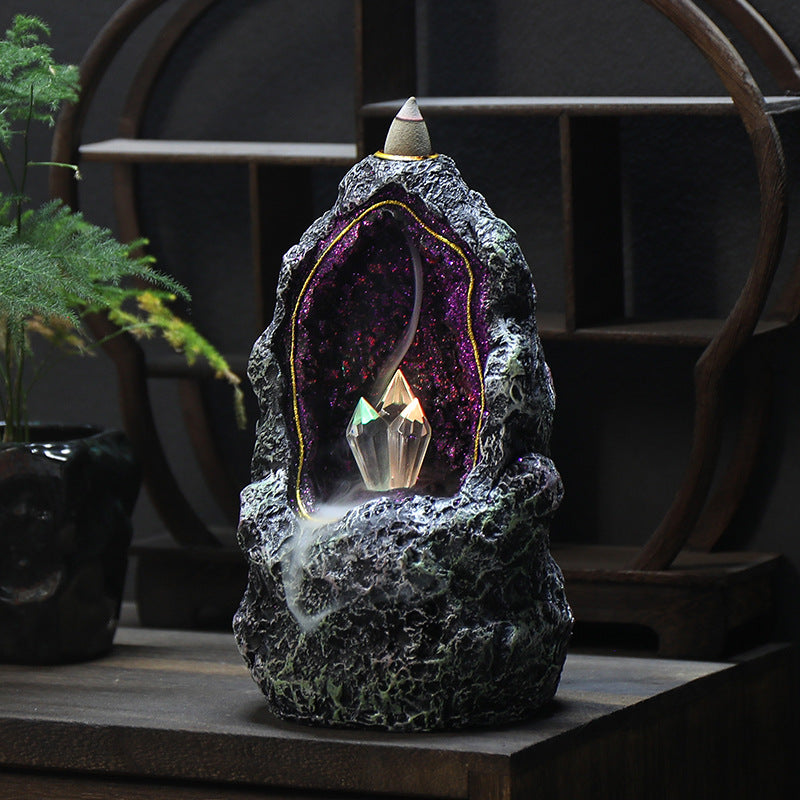 Creative resin backflow incense burner crystal cave LED night light, creative incense ornaments, incense backflow