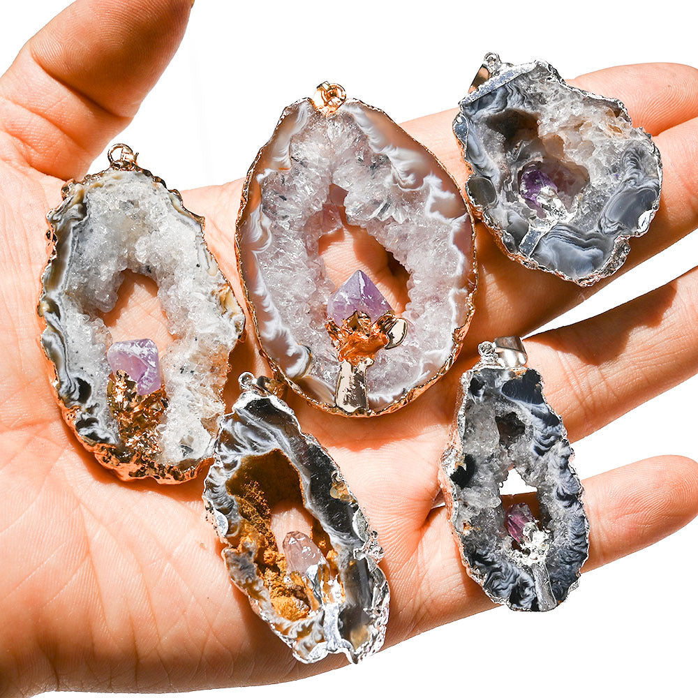 Natural crystal cave pendant, agate hollow hole slice necklace, inlaid amethyst gold or silver gilt edge pendant