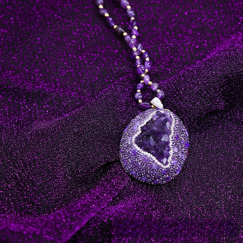 Natural Uruguayan amethyst necklace, inlaid tourmaline colored gemstone jewelry, long sweater chain