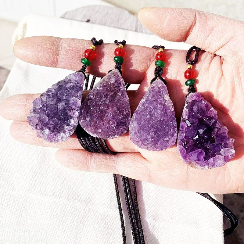 Natural amethyst cluster drop pendant, hand-woven with the shape, amethyst cluster necklace pendant