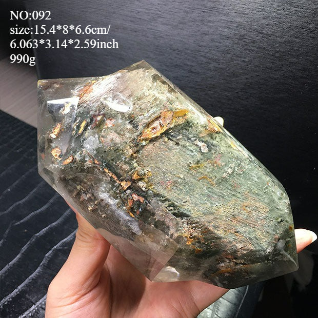 Natural green ghost crystal, colored ghost, hexagonal raw stone column, dark green multi-headed raw stone ore mark, home feng shui ornaments