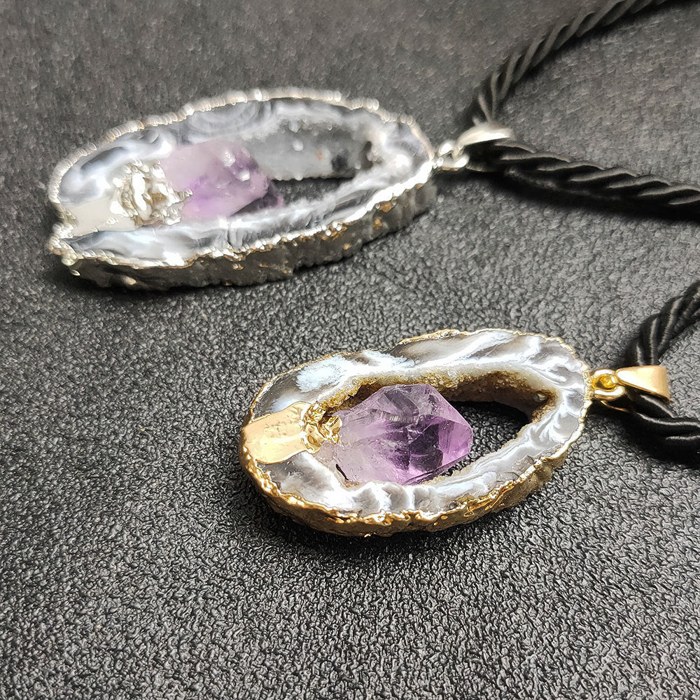 Natural crystal cave pendant, agate hollow hole slice necklace, inlaid amethyst gold or silver gilt edge pendant