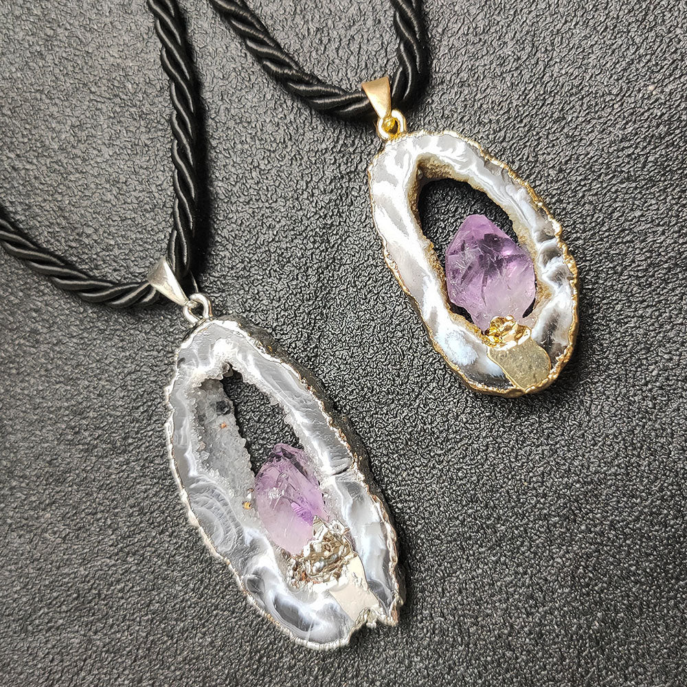Natural crystal cave pendant, agate hollow hole slice necklace, inlaid amethyst gold or silver gilt edge pendant