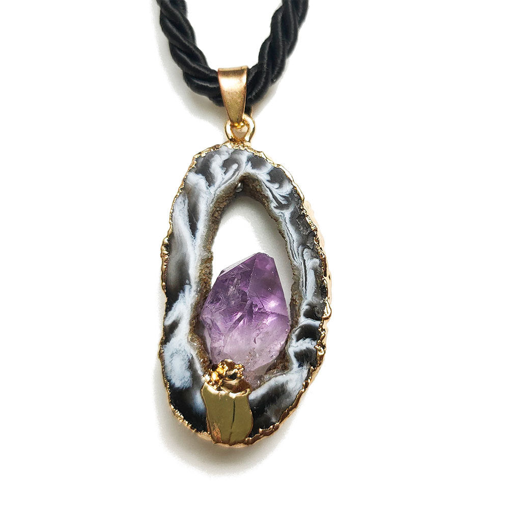 Natural crystal cave pendant, agate hollow hole slice necklace, inlaid amethyst gold or silver gilt edge pendant
