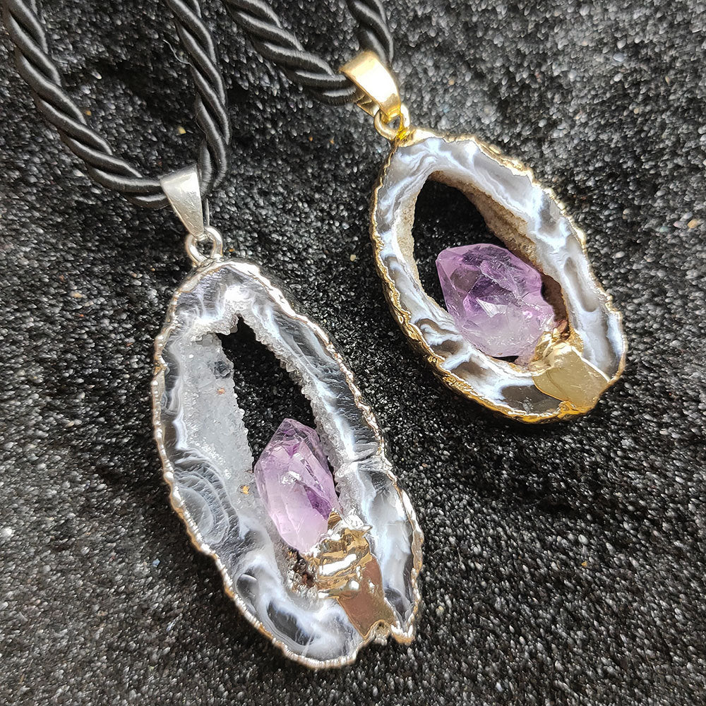 Natural crystal cave pendant, agate hollow hole slice necklace, inlaid amethyst gold or silver gilt edge pendant