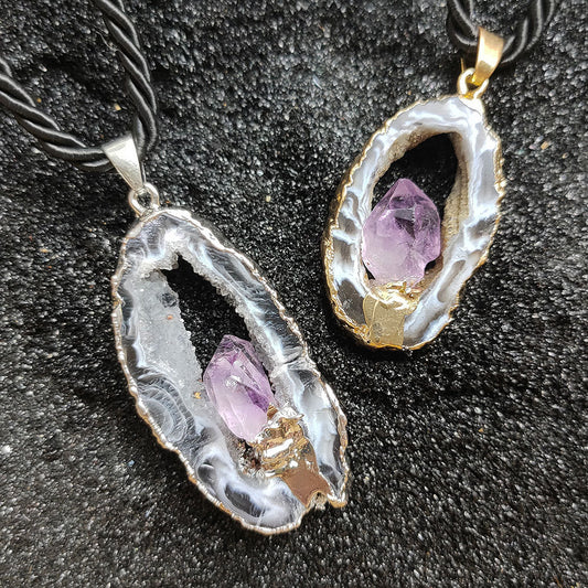 Natural crystal cave pendant, agate hollow hole slice necklace, inlaid amethyst gold or silver gilt edge pendant