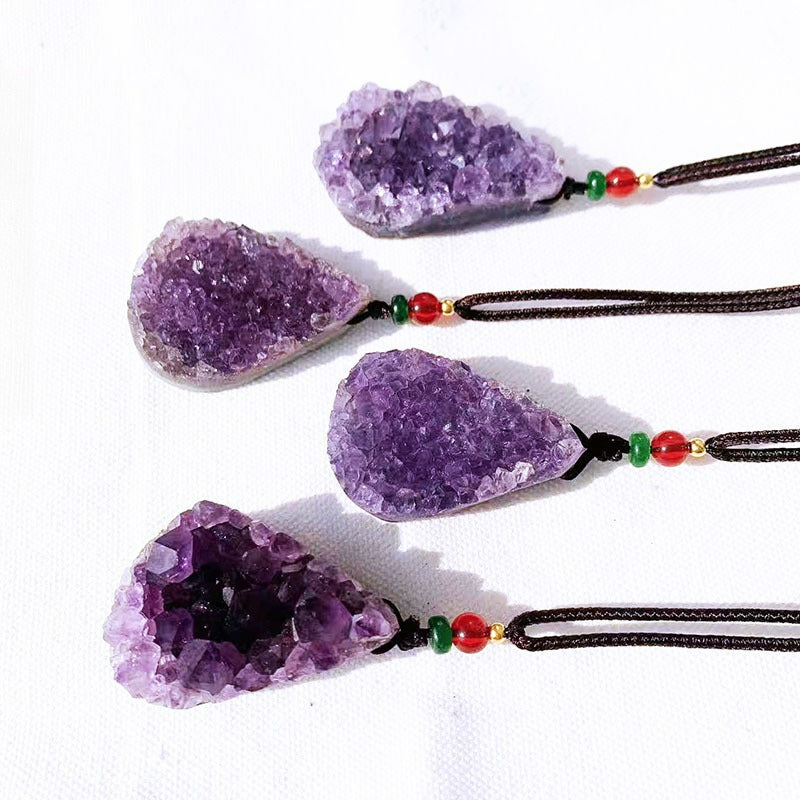 Natural amethyst cluster drop pendant, hand-woven with the shape, amethyst cluster necklace pendant