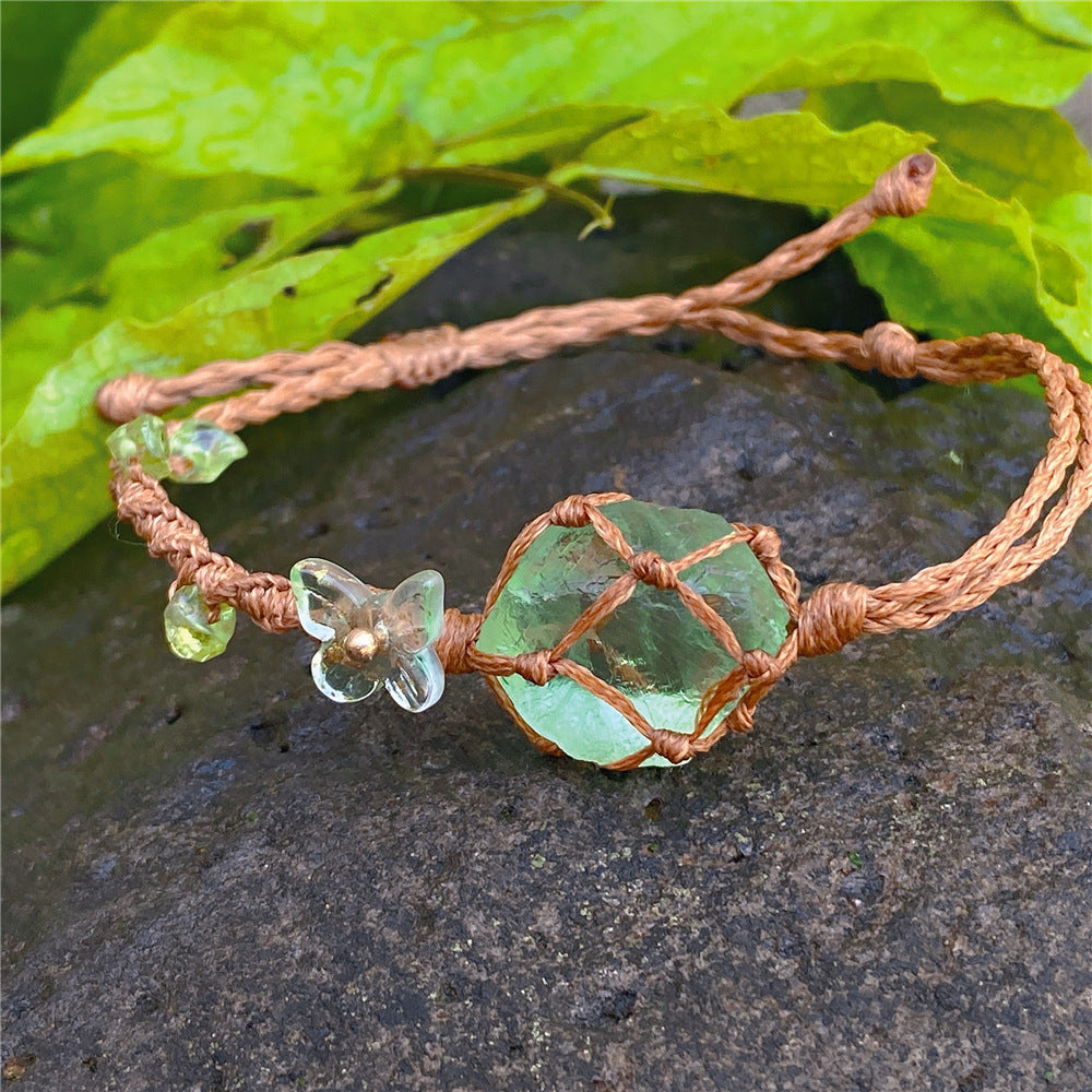 Crystal ore fluorite raw stone, woven net bag bracelet necklace, hand-woven