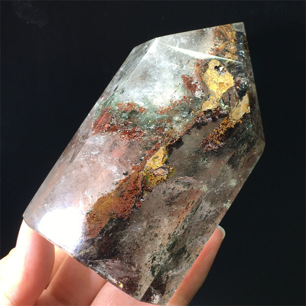 Natural green ghost crystal, colored ghost, hexagonal raw stone column, dark green multi-headed raw stone ore mark, home feng shui ornaments