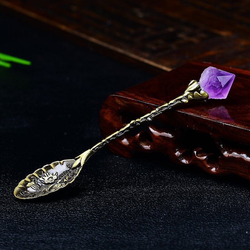 Uruguayan natural amethyst tooth flower spoon, creative carved long handle spoon
