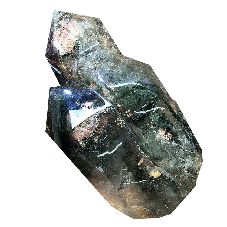Natural green ghost crystal, colored ghost, hexagonal raw stone column, dark green multi-headed raw stone ore mark, home feng shui ornaments
