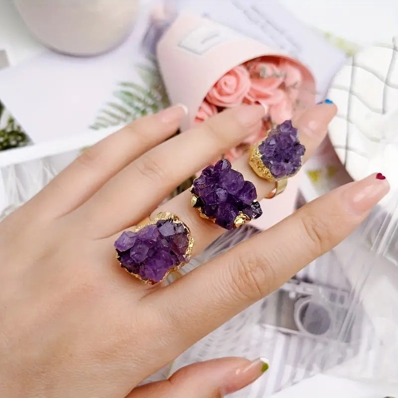 Natural amethyst cluster ring, Galaxy agate crystal cluster mineral, irregular gilt edge, adjustable ring jewelry