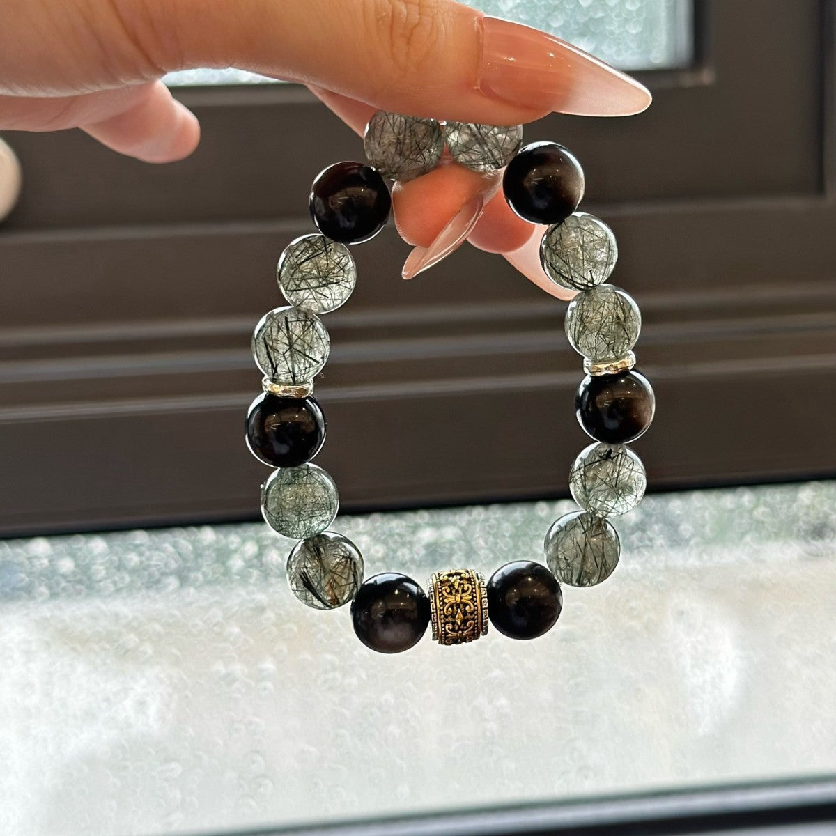 Natural silver obsidian green hair crystal black obsidian men's bracelet