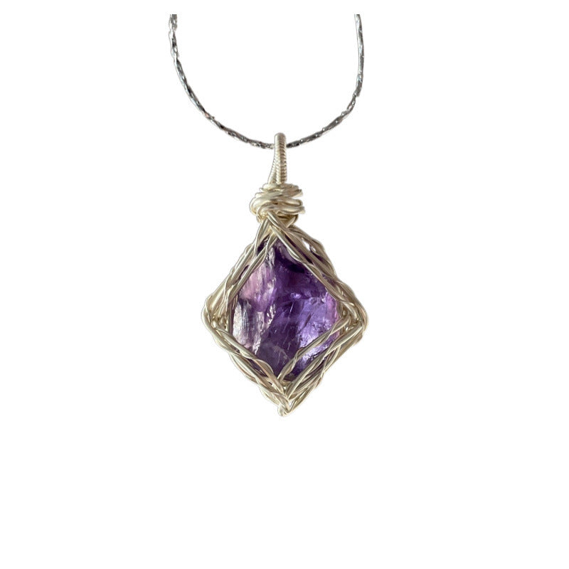 Natural crystal wire-wrap pendant necklace