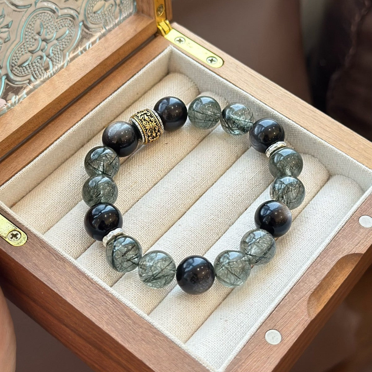 Natural silver obsidian green hair crystal black obsidian men's bracelet