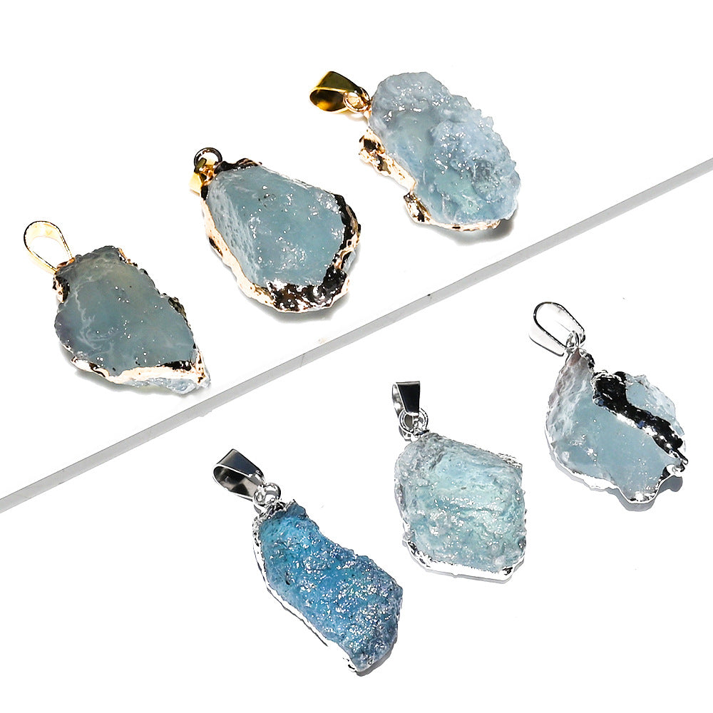 Natural Brazilian ice aquamarine crystal pendant, aquamarine crystal gilt/silver edge pendant necklace