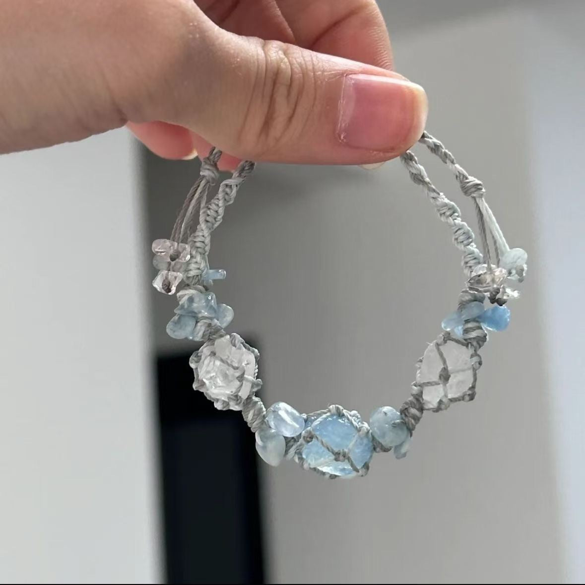 Aquamarine crystal and white crystal pure handmade rope bracelet, natural healing