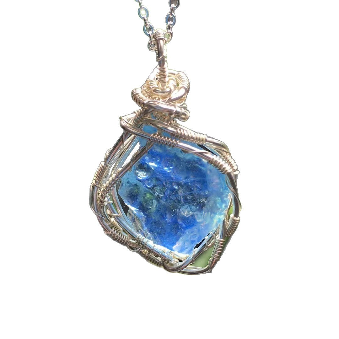 Natural aquamarine pendant, crystal pendant handmade with copper wire, natural healing series
