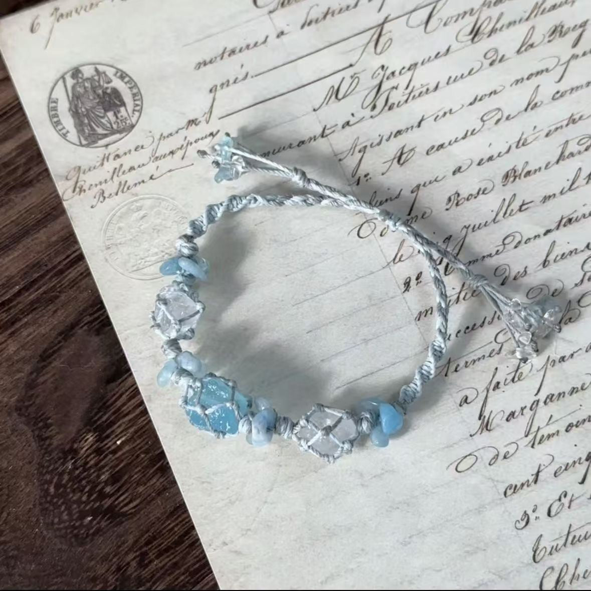 Aquamarine crystal and white crystal pure handmade rope bracelet, natural healing