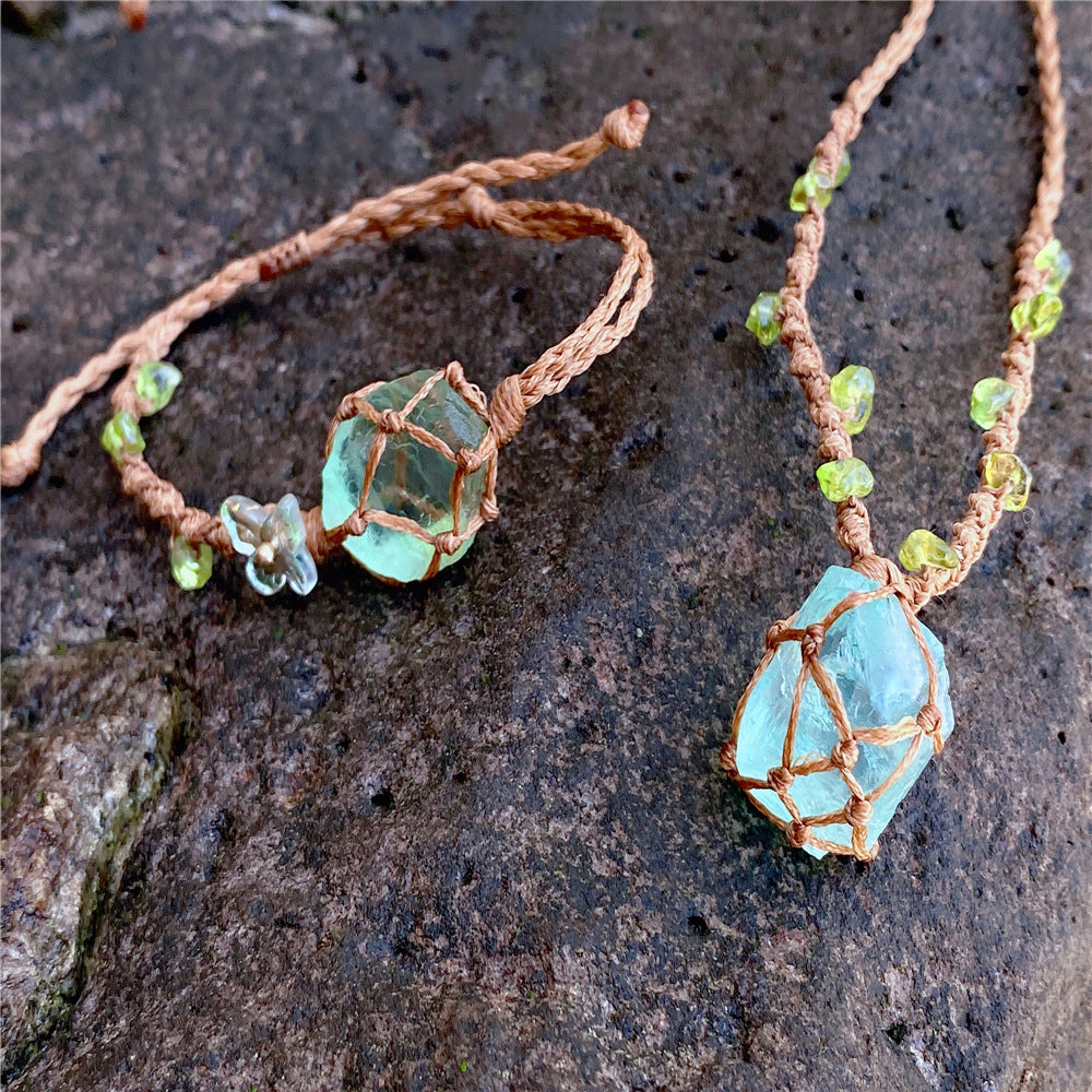 Crystal ore fluorite raw stone, woven net bag bracelet necklace, hand-woven
