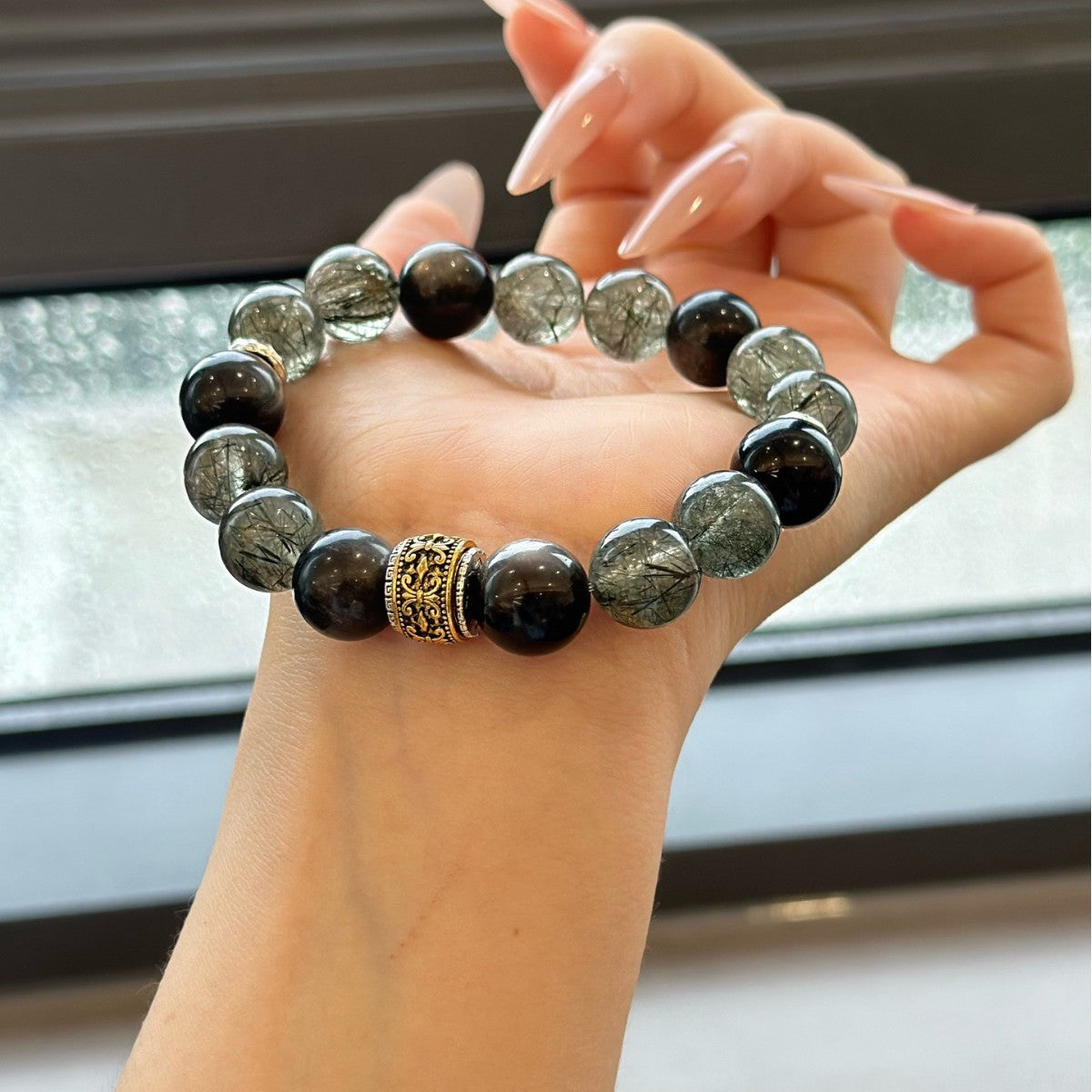 Natural silver obsidian green hair crystal black obsidian men's bracelet
