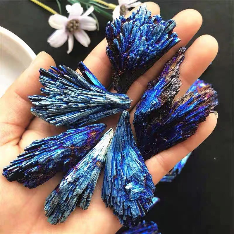 Natural peacock blue tourmaline, coated with colourful blue tourmaline peacock feathers rough stone, decorative mineral ornaments.