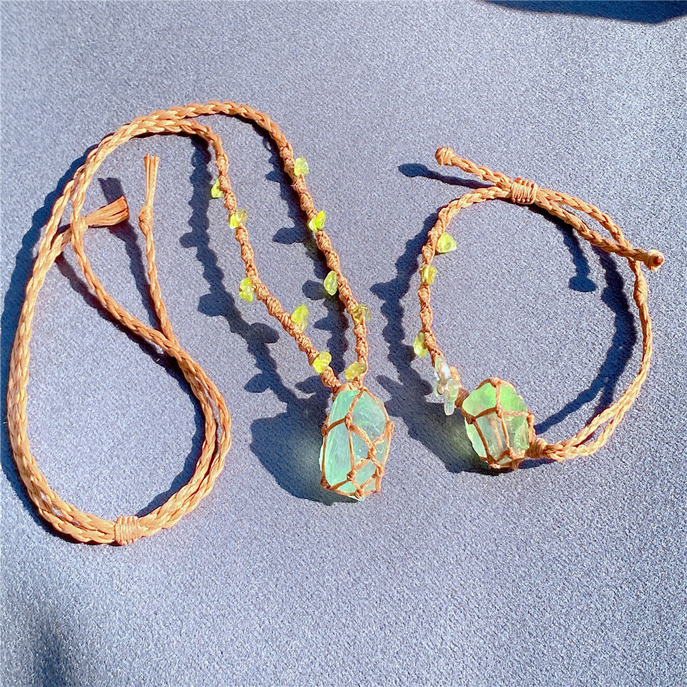 Crystal ore fluorite raw stone, woven net bag bracelet necklace, hand-woven