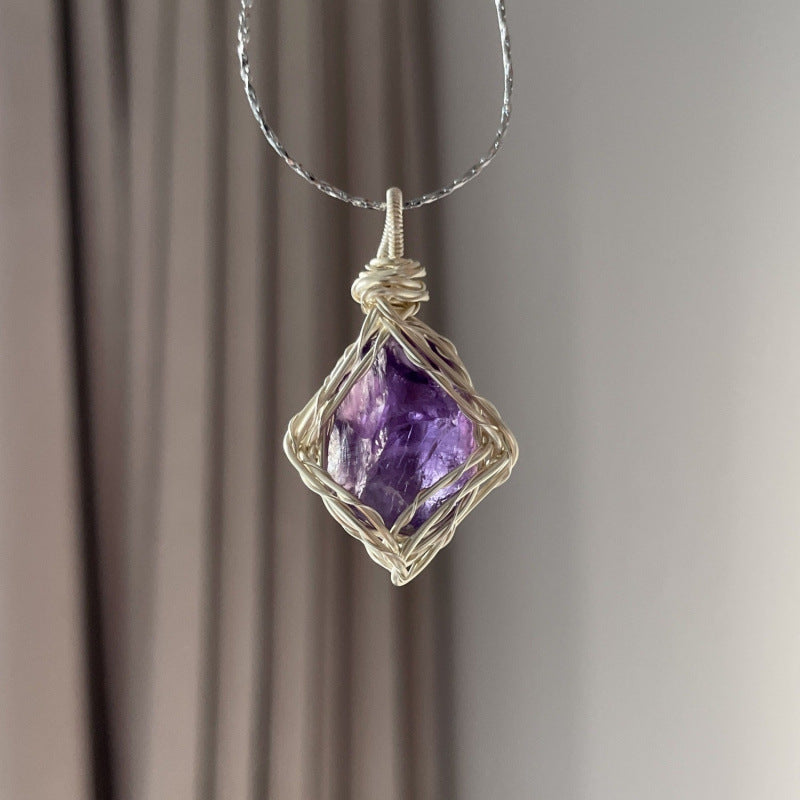 Natural crystal wire-wrap pendant necklace