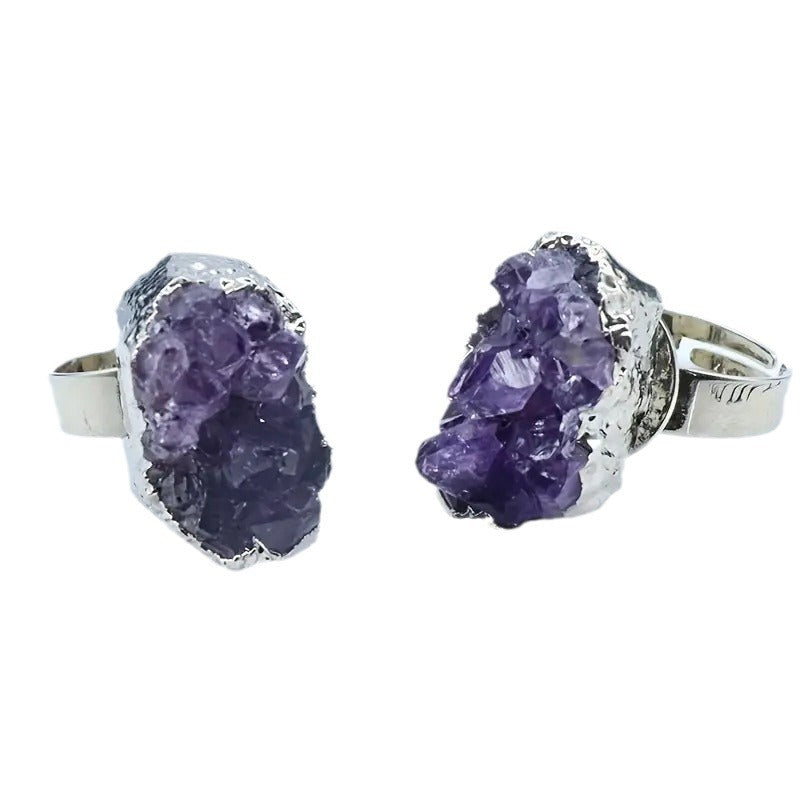Natural amethyst cluster ring, Galaxy agate crystal cluster mineral, irregular gilt edge, adjustable ring jewelry