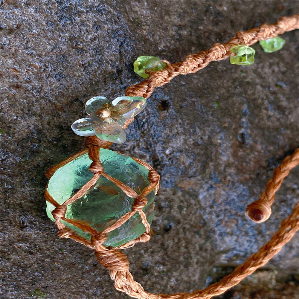 Crystal ore fluorite raw stone, woven net bag bracelet necklace, hand-woven
