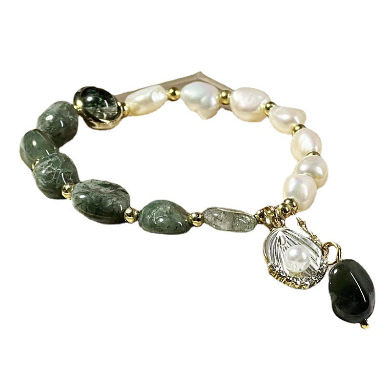 Natural crystal bracelet, green hair crystal baroque pearl bracelet