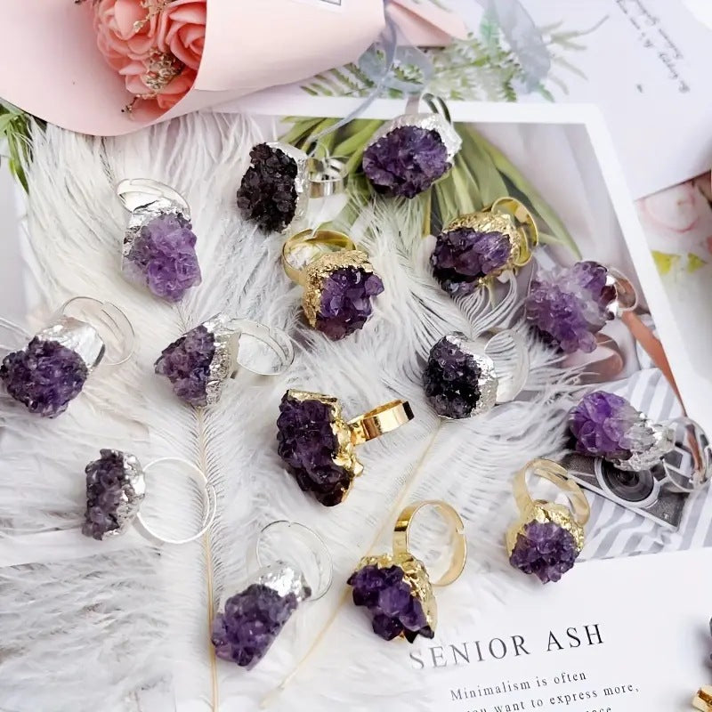 Natural amethyst cluster ring, Galaxy agate crystal cluster mineral, irregular gilt edge, adjustable ring jewelry