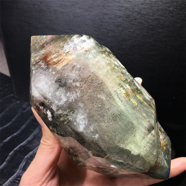 Natural green ghost crystal, colored ghost, hexagonal raw stone column, dark green multi-headed raw stone ore mark, home feng shui ornaments